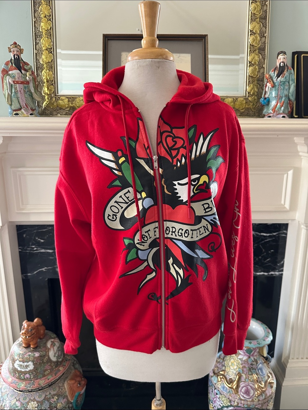 “Perfect Angel” Tattoo Art Red Fleece Front Zipper Hoodie